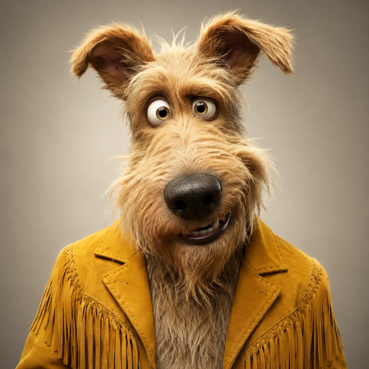 Charlie, lead guitarist of Stray Dogs Rockers, wide-eyed in a yellow fringe jacket