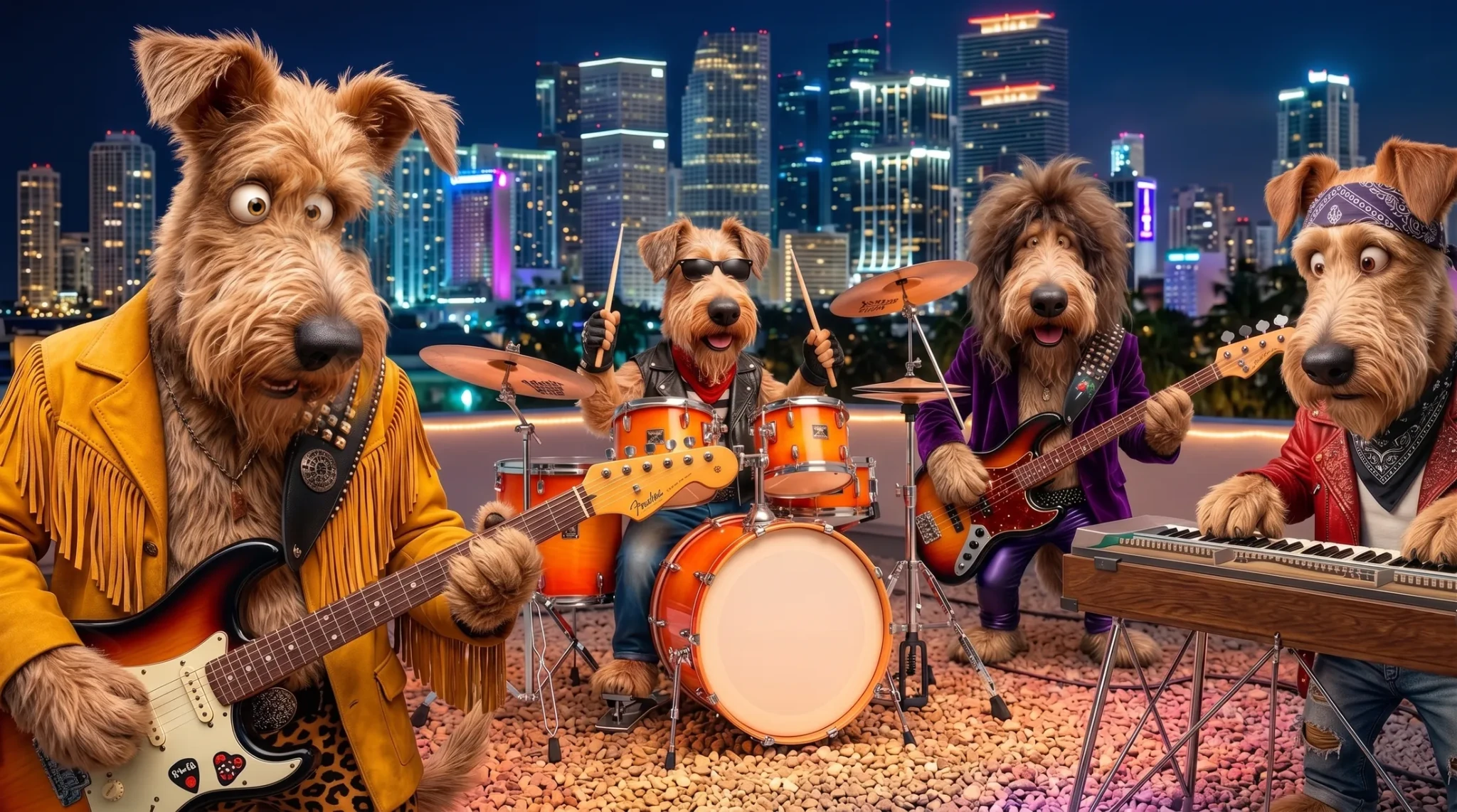 Stray Dogs Rockers performing live on a rooftop at night with the city skyline behind them